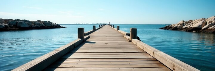 Fototapeta premium Wooden walkway along Rhodes harbor; sunny summer day , texture, Mediterranean