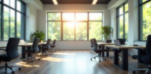 Fototapeta premium Blurred bright office, large windows, soft focus background, panoramic, abstract, clean