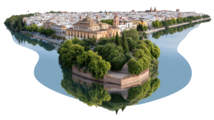 Seville Panorama: A breathtaking view of Seville's historical architecture, mirrored in the tranquil waters of the river, showcasing a vibrant cityscape bathed in natural light. 