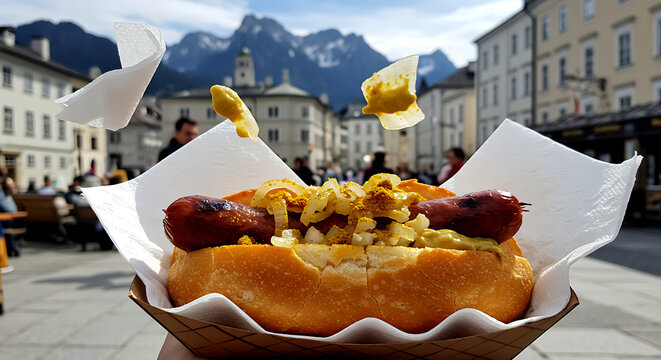 Austrian bosna, grilled sausage in crusty roll with onions, curry powder, and mustard