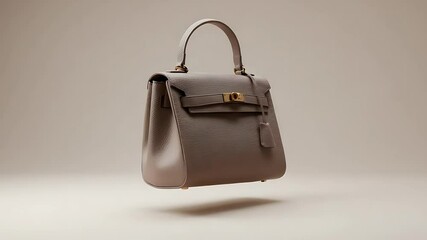 Elegant gray handbag floating in a minimalist studio setting with soft lighting and neutral backdrop