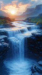 Serene waterfall cascading down rocky cliffs at sunset creating a breathtaking scene of natures beauty  Golden hour l