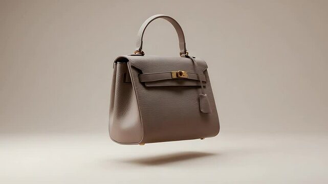 Elegant gray handbag floating in a minimalist studio setting with soft lighting and neutral backdrop