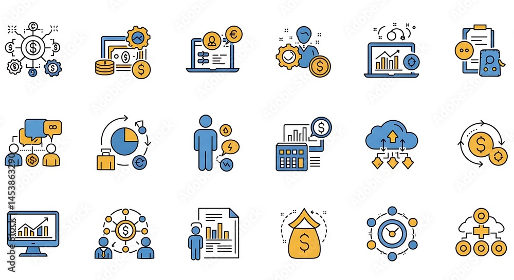 Fototapete a precise grid of ultra-smooth thin line art icons depicting business and technology concepts. each 