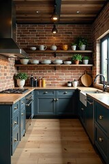 Industrial chic kitchen, exposed brick, metallic finishes, open shelving, hotel, design