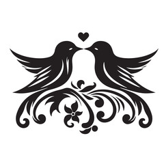 Two Birds Kissing with Floral Ornament Black and White Design