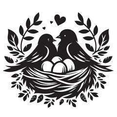 Romantic Bird Couple in Nest with Eggs and Floral Frame Black and White Illustration