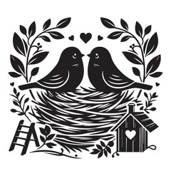 Two Birds in Nest with Birdhouse and Ladder Black and White Illustration