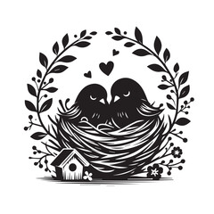 Two Birds in Love Nestled Together in a Birdhouse with Floral Wreath