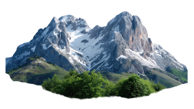 Majestic Peaks: A breathtaking vista of towering mountains with snow-capped peaks, verdant slopes and a clear blue sky, showcasing the raw beauty of the natural world.