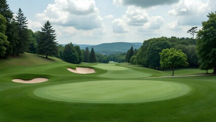 Fototapeta premium Lush green golf course with sand bunkers, surrounded by trees and hills under a partly cloudy sky.