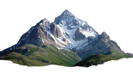 Majestic Mountain Peak: An isolated peak in the mountains, bathed in the glow of the early morning sun. Snow-capped with a hint of green vegetation at its base.