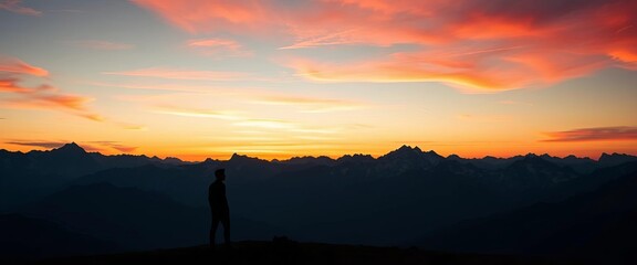 Fototapeta premium Silhouette of a lone figure against a majestic mountain range at sunset, peaceful, sky