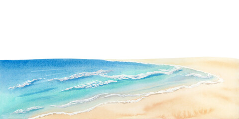 Tropical ocean beach seascape watercolor illustration isolated on white. Calm sea coast with beige sand horizontal clip art for Florida summer vacation designs in bright blue and turquoise colors