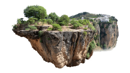 Floating Rock Formation Landscape: Captivating shot of a surreal floating rock formation, abundant with verdant foliage, perched in the sky. It presents a unique, dreamlike landscape. 