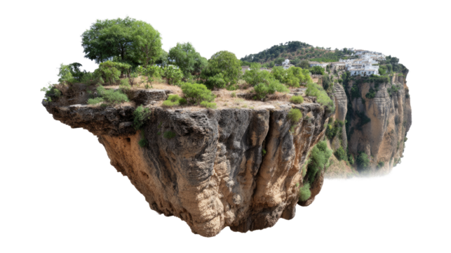 Floating Rock Formation Landscape: Captivating shot of a surreal floating rock formation, abundant with verdant foliage, perched in the sky. It presents a unique, dreamlike landscape. 