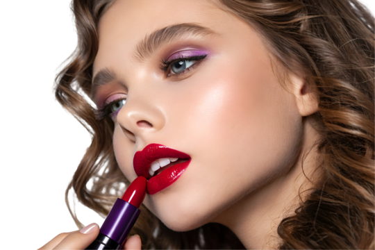 Girl or woman applying red lipstick on transparent background 