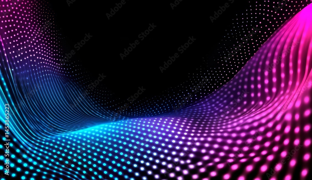 Poster abstract background with wavy lines and dots in blue on a dark surface, digital waves