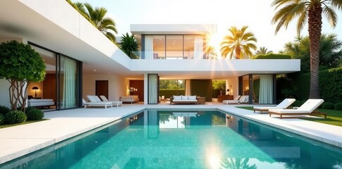 Sunlight streams into modern white villa, reflecting off pool, summer, home