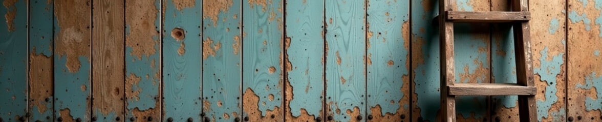 Weathered wooden ladder, leaning, aged texture, support, rustic