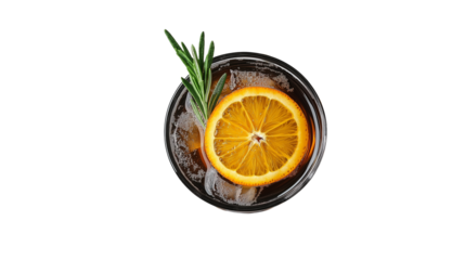 Cold brew coffee with orange slice and rosemary, cinematic summer vibe, top view, PNG