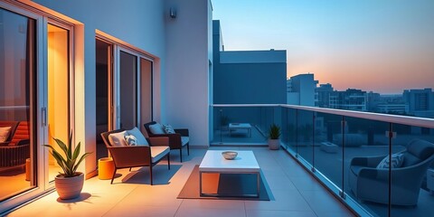 Sleek balcony with minimal furniture, potted plant, ample negative space, decor,  clean