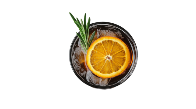Cold brew coffee with orange slice and rosemary, cinematic summer vibe, top view, PNG