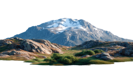 Majestic Mountain Vista: A breathtaking vista unfolds, featuring a rugged mountain range crowned with snow. The foreground reveals a terrain of stones, vibrant shrubs, and lush greenery.