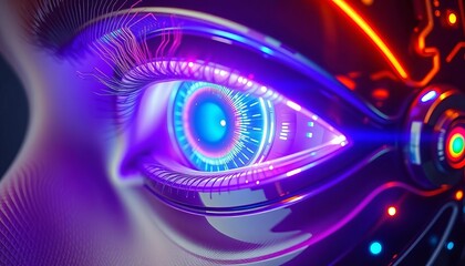Sleek chrome cybernetic eye, holographic iris, glowing circuitry ,  future,  cyberpunk