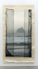 A misty seascape glimpsed through two fragmented, translucent panels