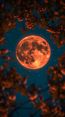 Naklejka premium A vibrant full moon, glowing orange, dominates the night sky, partially obscured by delicate branches of a tree