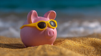 Obraz premium Pink piggy bank wearing yellow sunglasses sits on golden sand near ocean waves, symbolizing saving for summer vacation or financial security