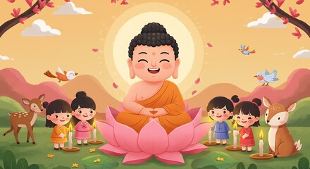 Fototapeta premium Buddha and Children in a Peaceful Spring Setting