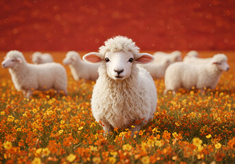 Curious farm animals in a vibrant wildflower field, showcasing a serene pastoral setting with a warm sunset glow for rural Imagery Eid al-Adha
