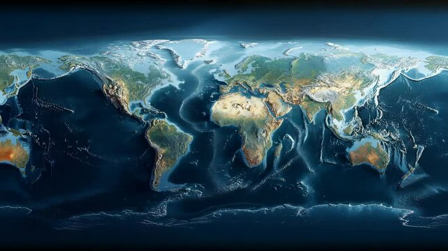 Global Earth map with ocean floor topography and detailed land surface, illustration of continents, seas, and tectonic plates model