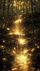 Naklejka premium Golden waterfall cascades through a lush forest its waters shimmering with magical light creating an ethereal and ench