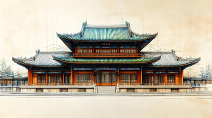 Fototapeta premium Grand ornate Asian palace tiered roofs vibrant orange teal detailed sketch style Mountains in background