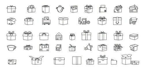 Thin vector icons depicting various boxes; cardboard, gift, shipping, package, etc in black and white, industry, box
