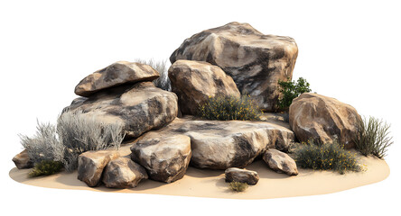 Rocks on sand dune with shrubs isolated on transparent background © siyam