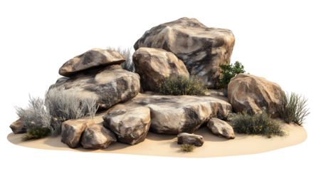 Rocks on sand dune with shrubs isolated on transparent background