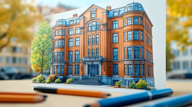 Hand-drawn illustration of a grand orange brick building showcasing intricate architectural details surrounded by lus