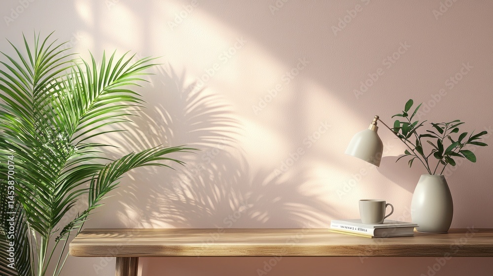 Poster a serene workspace features a wooden desk with a potted plant and a stylish lamp illuminating a simp
