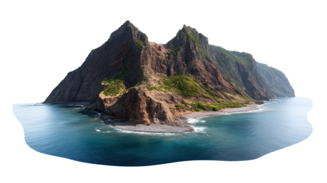 Solitary Island Escape: A serene island, shrouded in mist, rises majestically from the azure waters, its rugged cliffs and verdant slopes hinting at untold stories and adventures. The air feels fresh. - Powered by Adobe