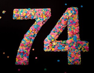 Number 74 made out of confetti with black background. Photo for seventy-fourth birthday or anniversary party