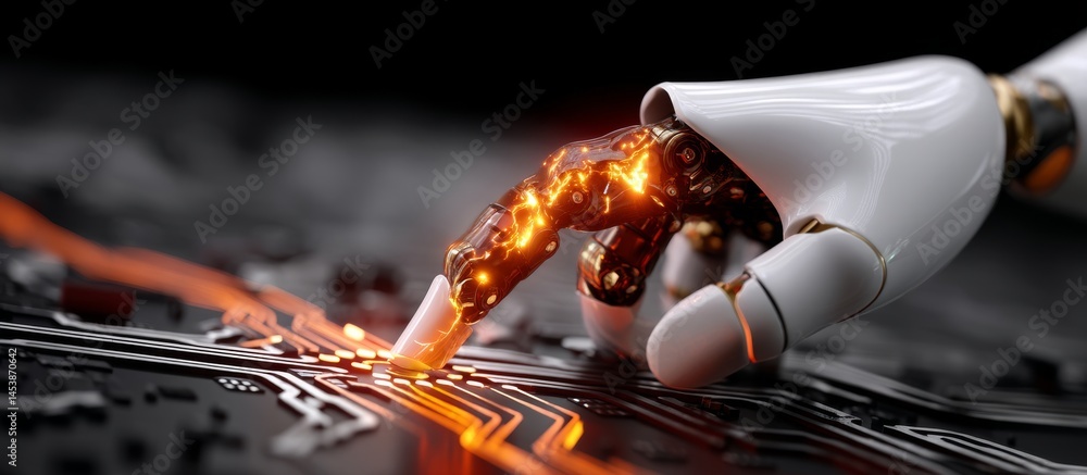 Poster robot hand touching digital circuit with glowing data stream
