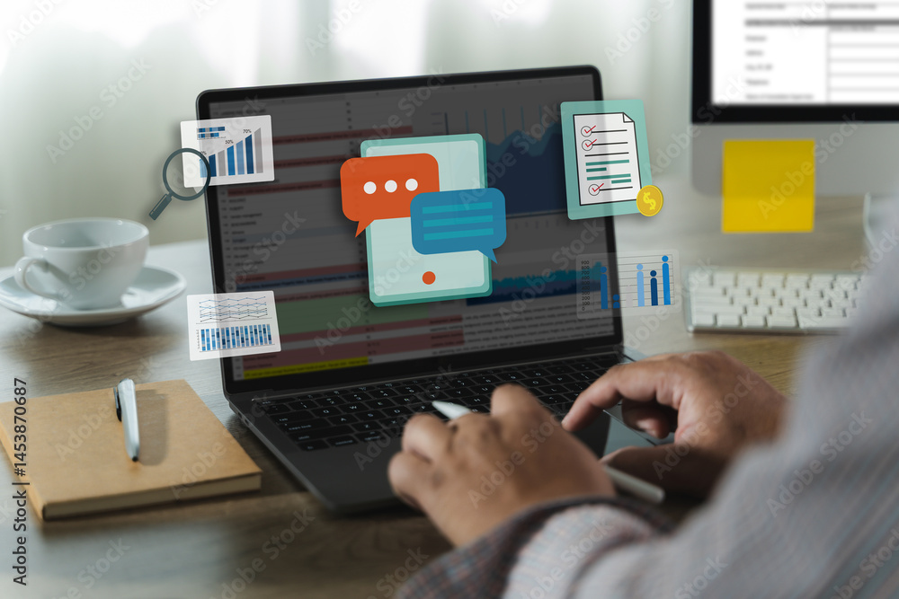 Poster businessman working with data and graphs in spreadsheet documents for online analysis microsoft exce