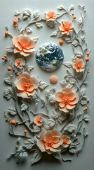 Naklejka premium A 3D artwork of a globe surrounded by delicate peach blossoms and intricate branches