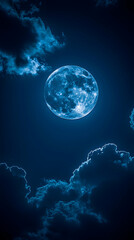 Obraz premium A full moon shines brightly in a dark night sky partially obscured by dark fluffy clouds The moons surface is detai