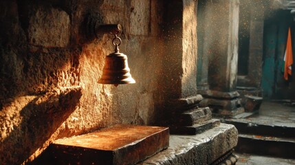 Golden light on ancient temple bell with flying dust particles and Indian flag in background symbolizing spiritual heritage and national pride for Republic Day and Independence Day use