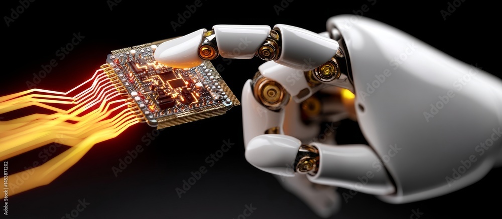 Poster robot hand touching digital circuit with glowing data stream